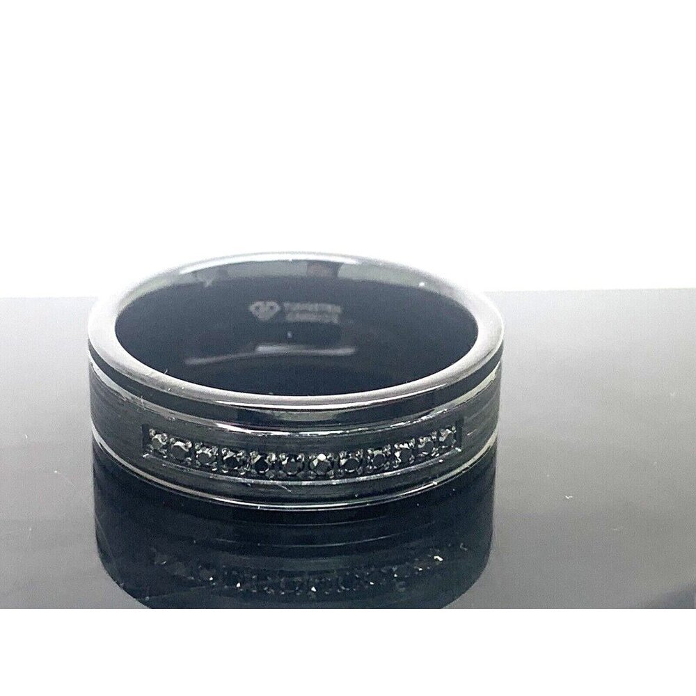 Men's Wedding Band Tungsten Black Gemstones 8mm Wide Ring Size 12.5
